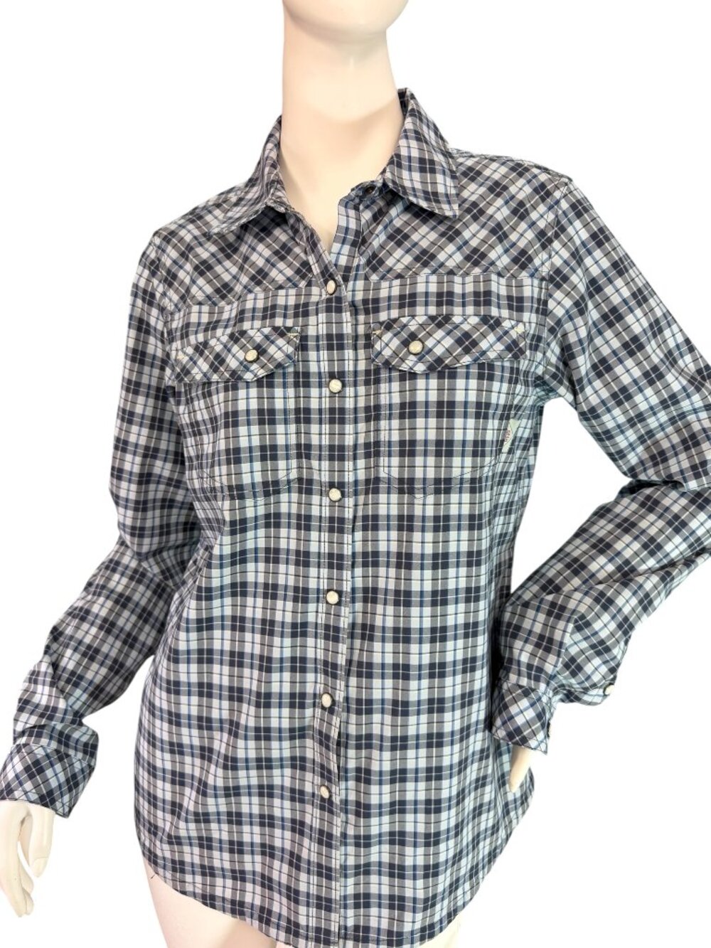STIO Women's Eddy Long Sleeve Shirt Navy Blue Plaid $129 Size Medium